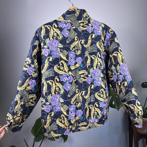 Vintage 90s Silk Novelty Quilted Baroque Floral Bomber Jacket – Anna & Frank L - Picture 3 of 11
